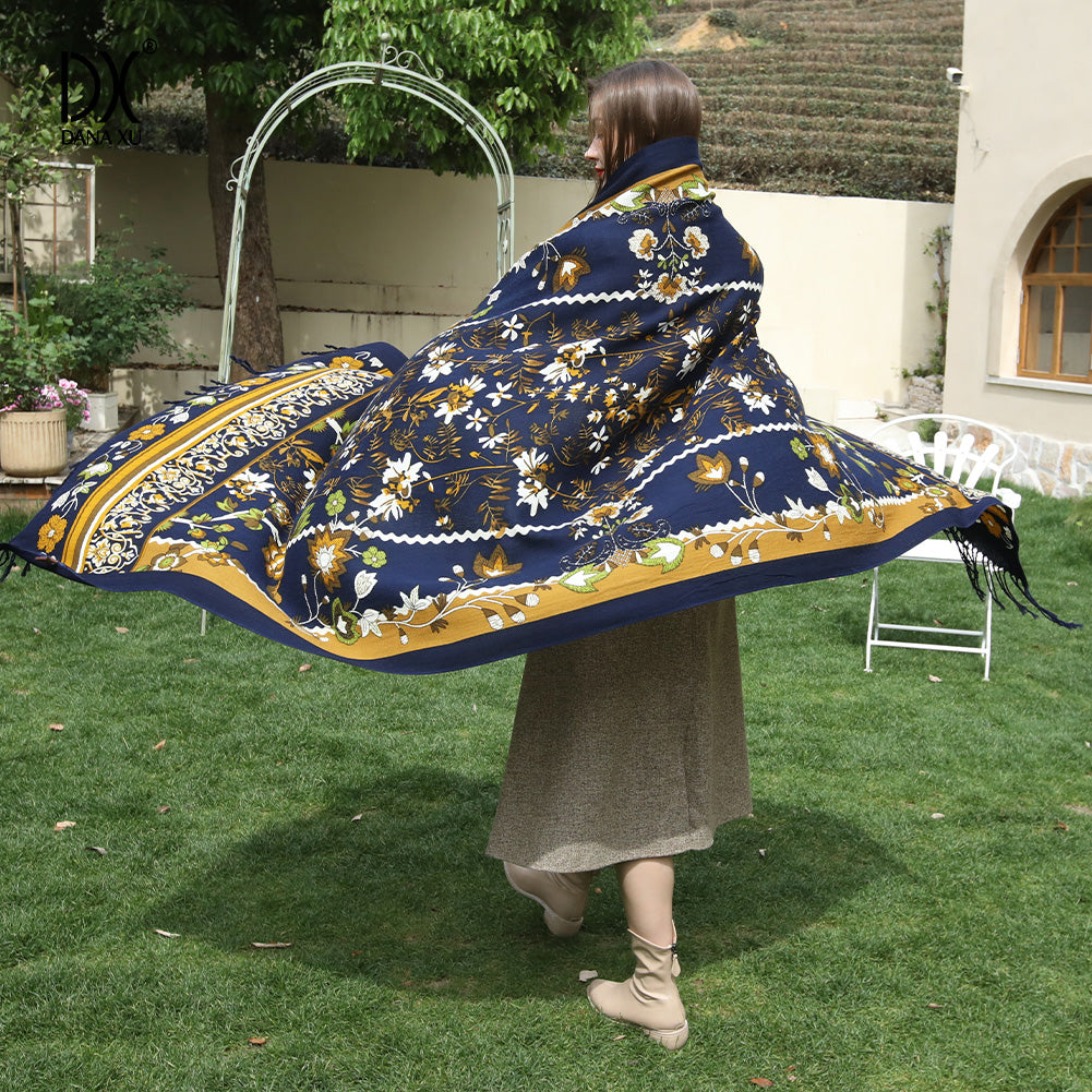 DANA XU 100% Merino Wool Extra Large Pashmina Blanket Travel Scarf Cashmere Wrap for Women Fall Winter Oversize Shawl Floral