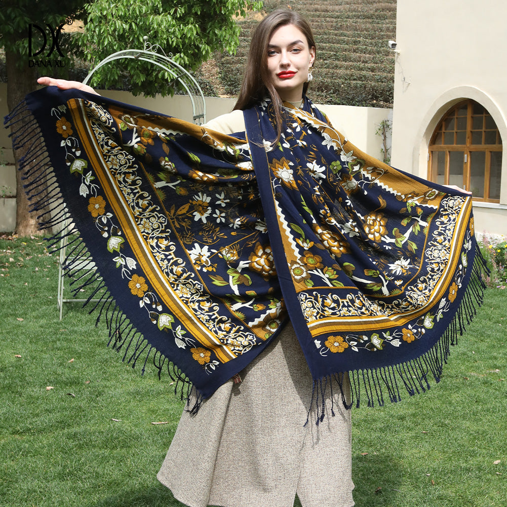 DANA XU 100% Merino Wool Extra Large Pashmina Blanket Travel Scarf Cashmere Wrap for Women Fall Winter Oversize Shawl Floral