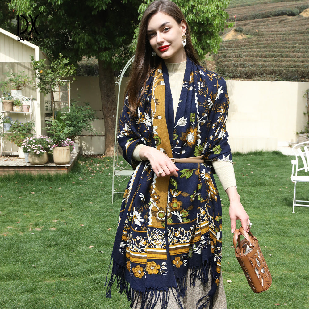 DANA XU 100% Merino Wool Extra Large Pashmina Blanket Travel Scarf Cashmere Wrap for Women Fall Winter Oversize Shawl Floral