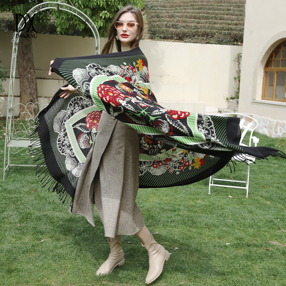 DANA XU 100% Merino Wool Extra Large Pashmina Blanket Travel Scarf Cashmere Wrap for Women Fall Winter Oversize Shawl Floral