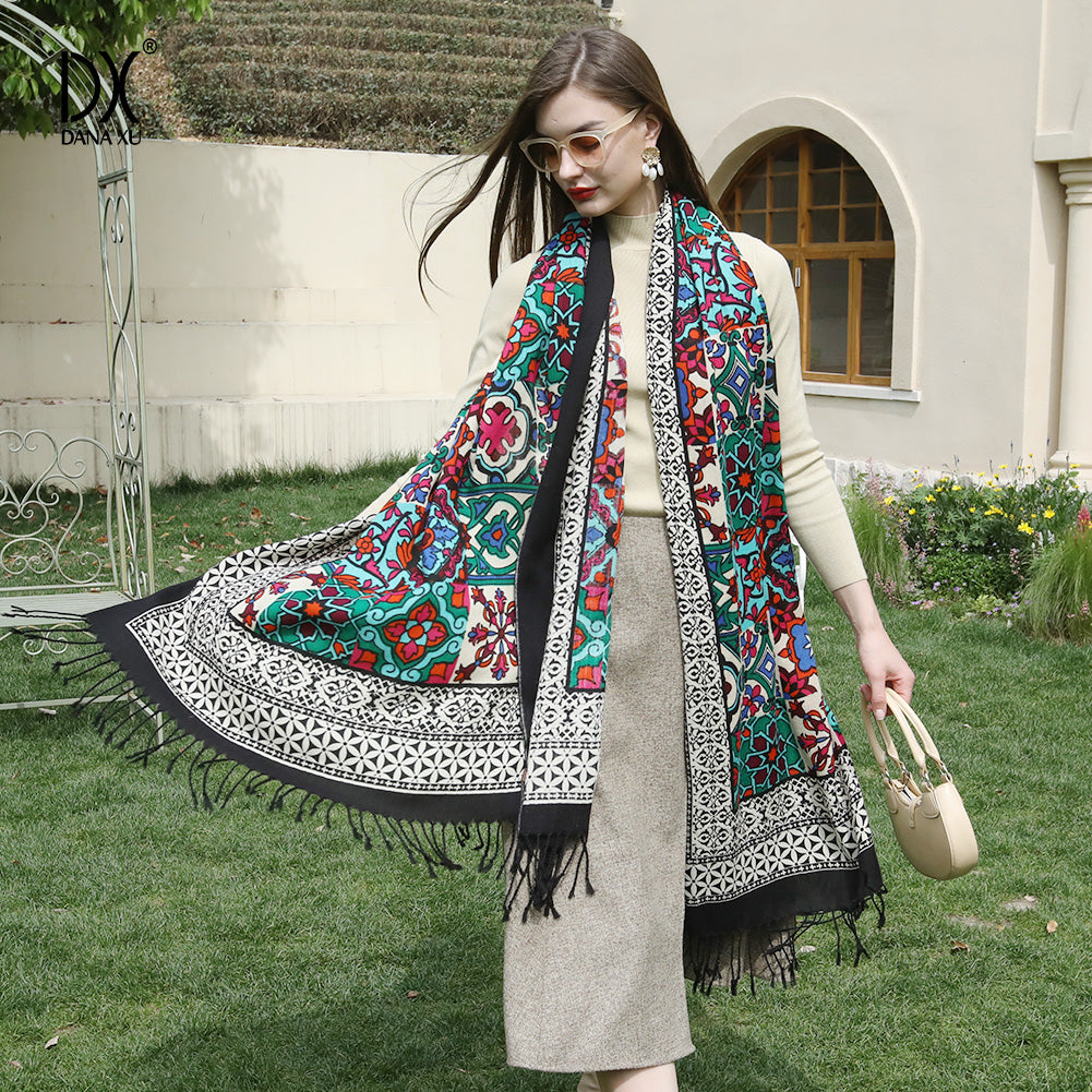 DANA XU 100% Merino Wool Extra Large Pashmina Blanket Travel Scarf Cashmere Wrap for Women Fall Winter Oversize Shawl Floral