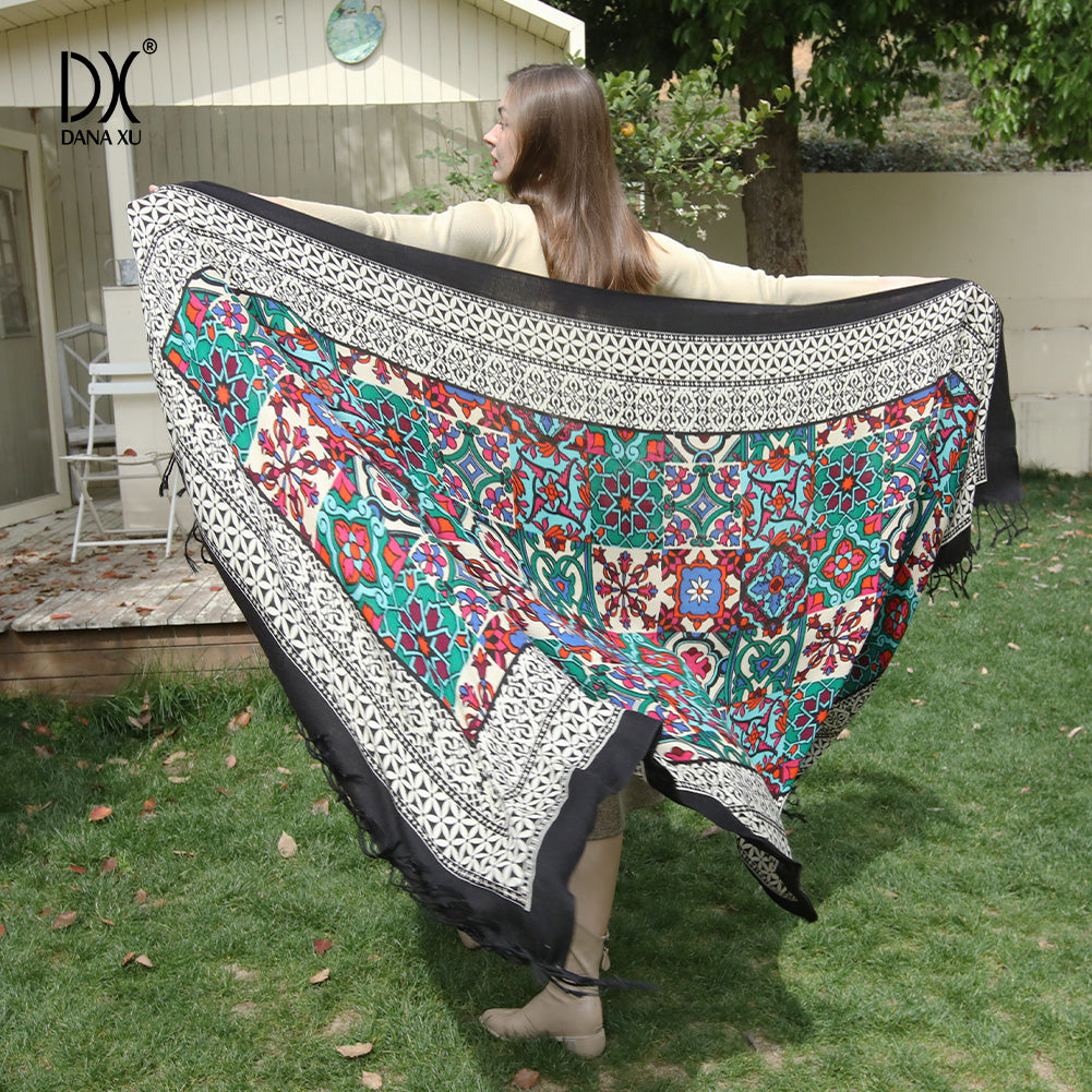 DANA XU 100% Merino Wool Extra Large Pashmina Blanket Travel Scarf Cashmere Wrap for Women Fall Winter Oversize Shawl Floral