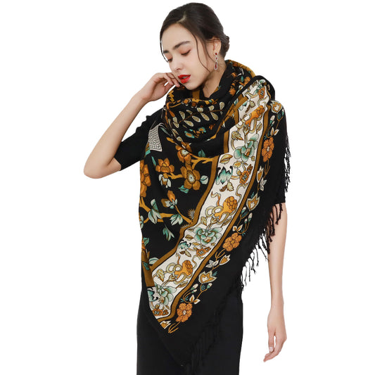 DANA XU 100% Merino Wool Extra Large Pashmina Blanket Travel Scarf Cashmere Wrap for Women Fall Winter Oversize Shawl Floral